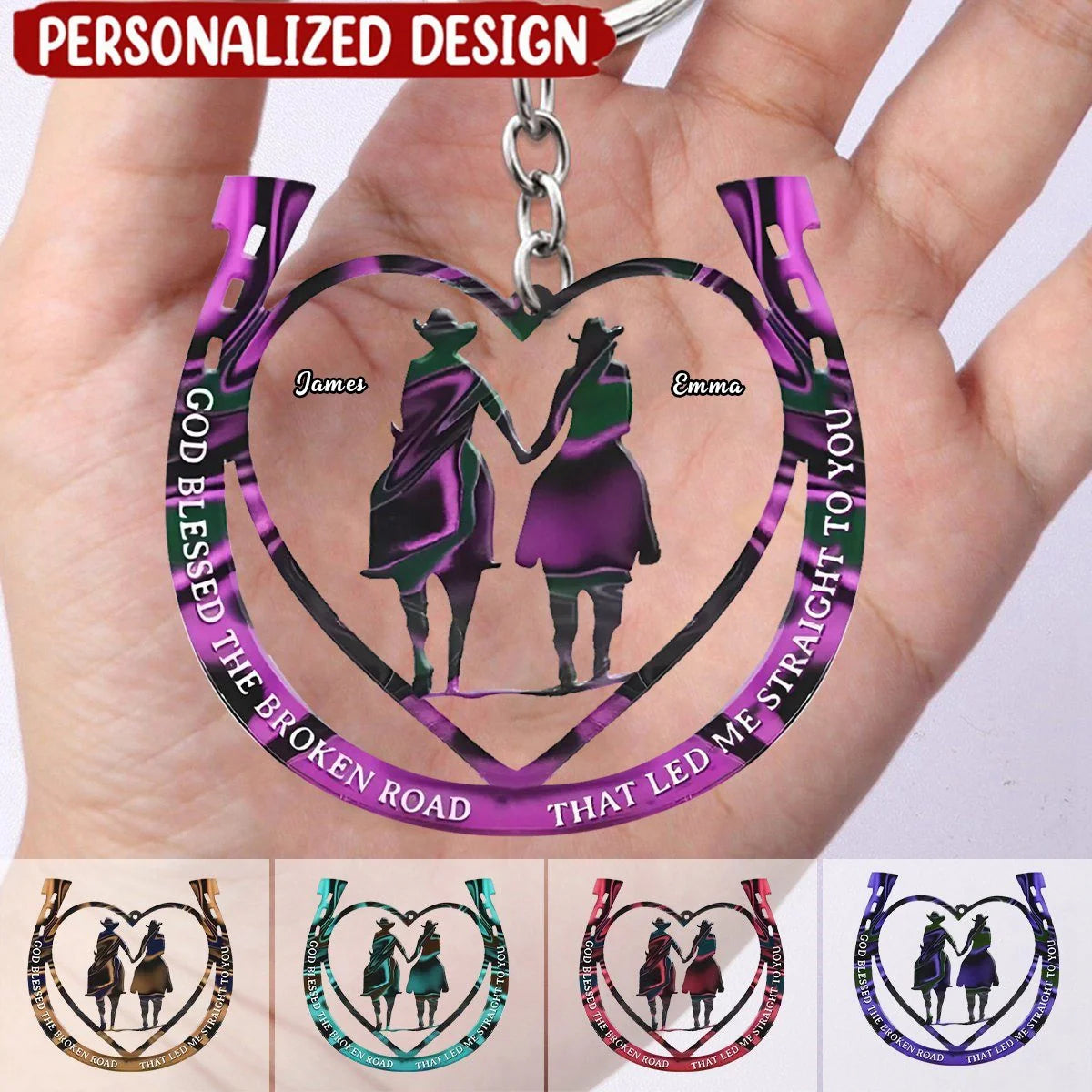 "God Blessed The Broken Road" Personalized Couple Cowboy Keychain - Custom Horse Lover Gift