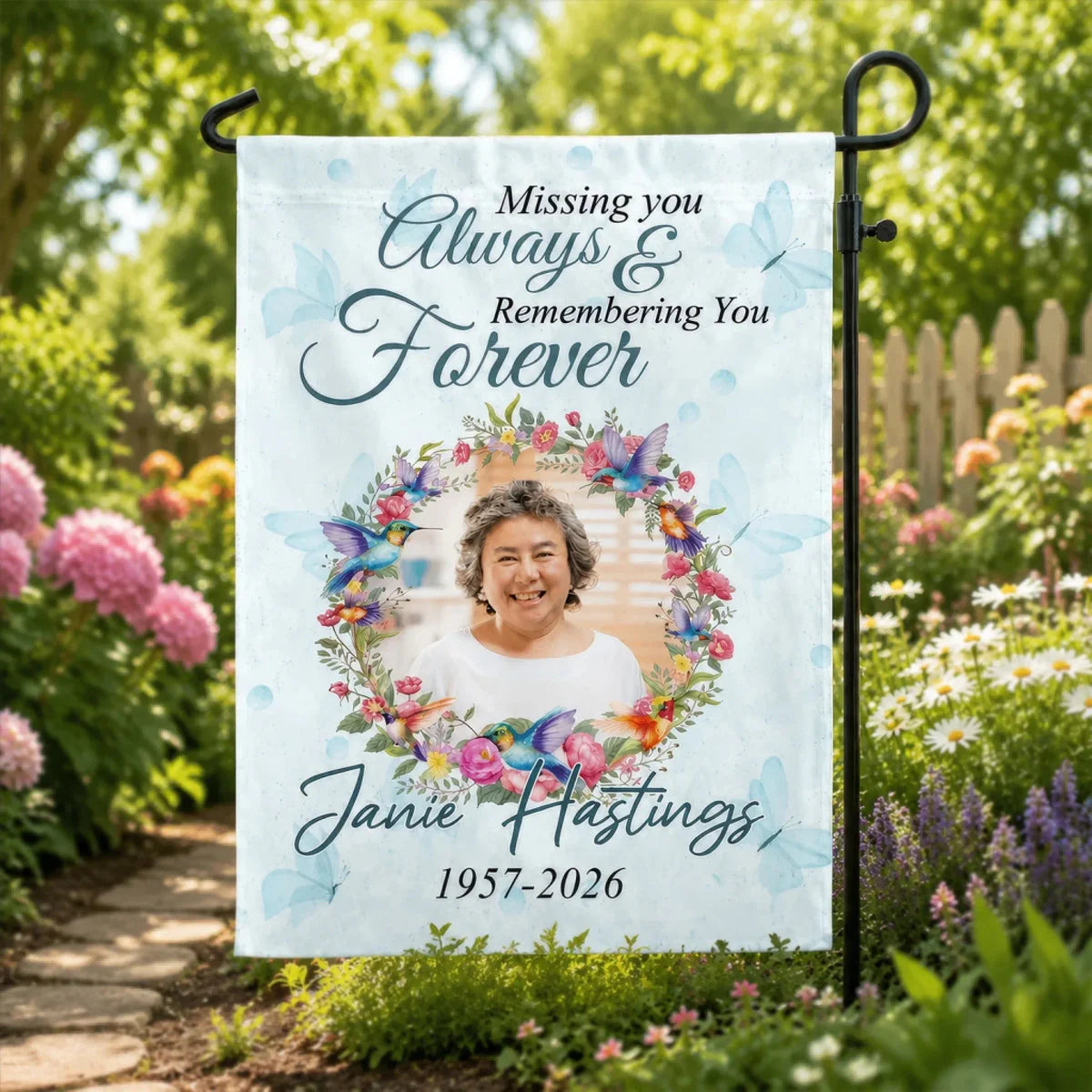 Personalized memorial garden flag featuring custom photo wreath design for a loved one's remembrance.