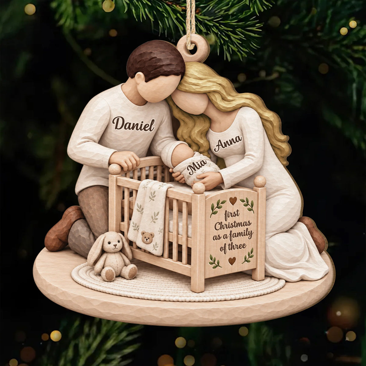 First Christmas as a Family of Three - Personalized Wooden Ornament for New Parents
