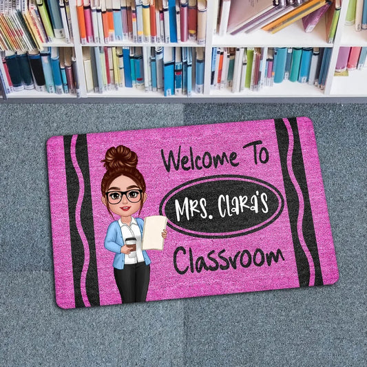 Personalized teacher doormat with crayon design - custom welcome classroom gift