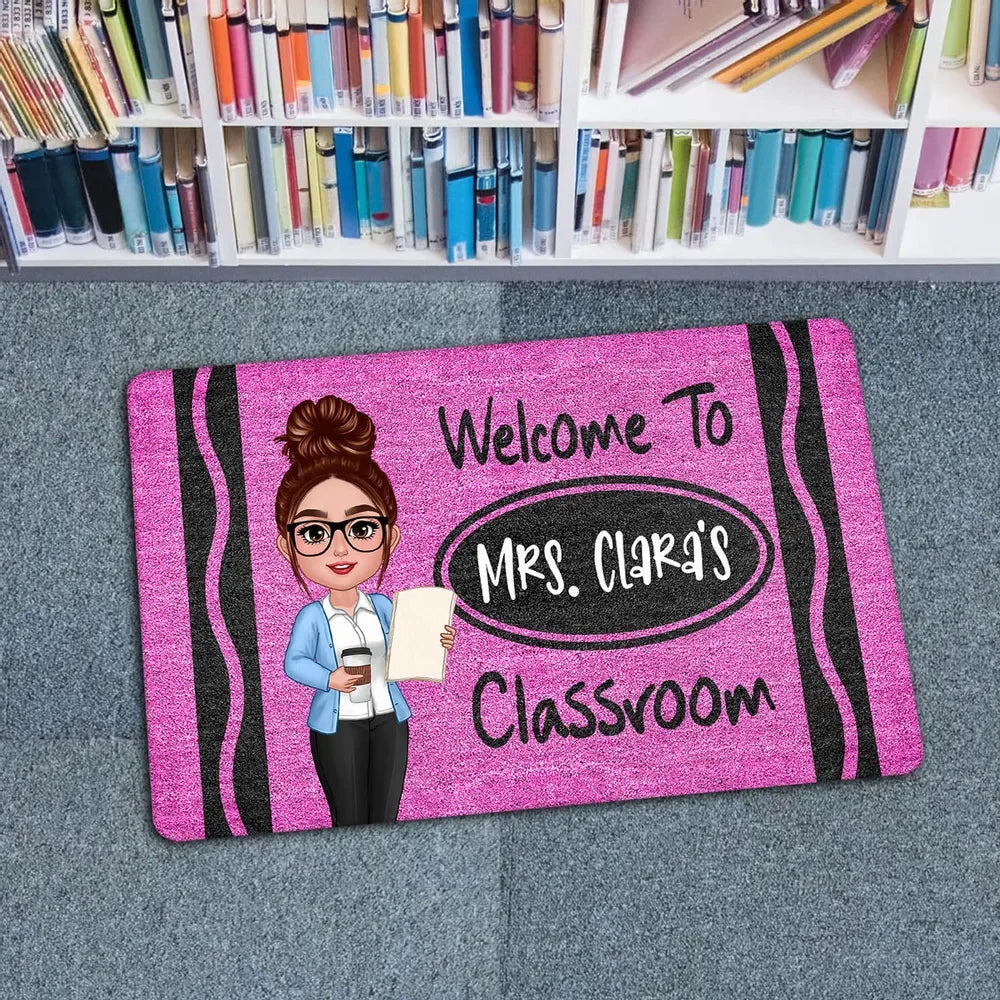 Personalized teacher doormat with crayon design - custom welcome classroom gift