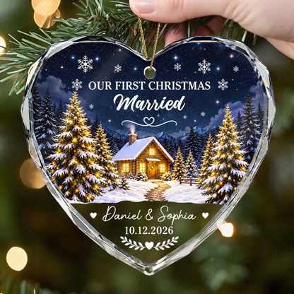 Personalized Our First Christmas As Mr and Mrs Glass Heart Ornament - Custom Name Wedding Keepsake Gift for Couple