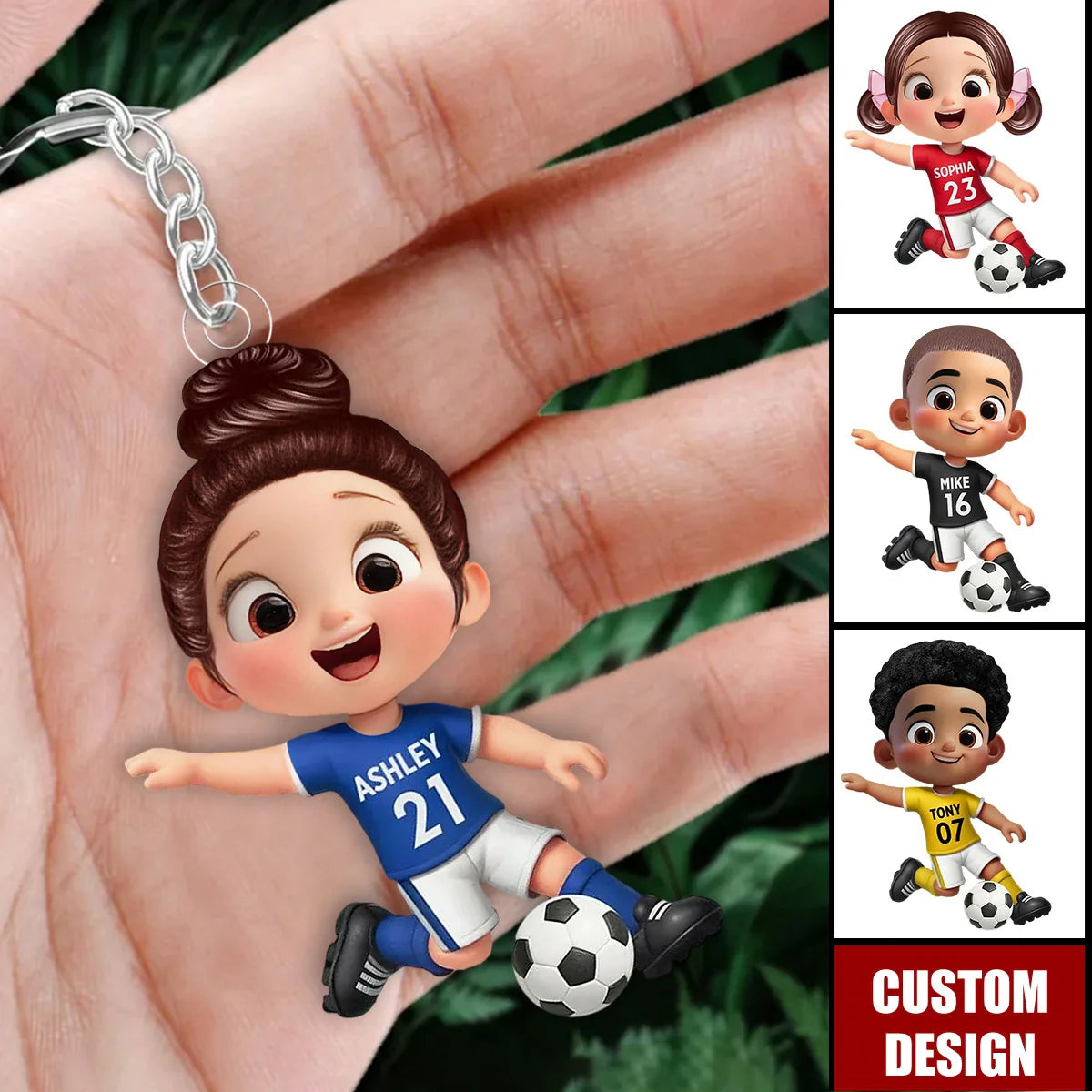 Personalized soccer player acrylic keychain with custom name and jersey number for youth sports team gifts