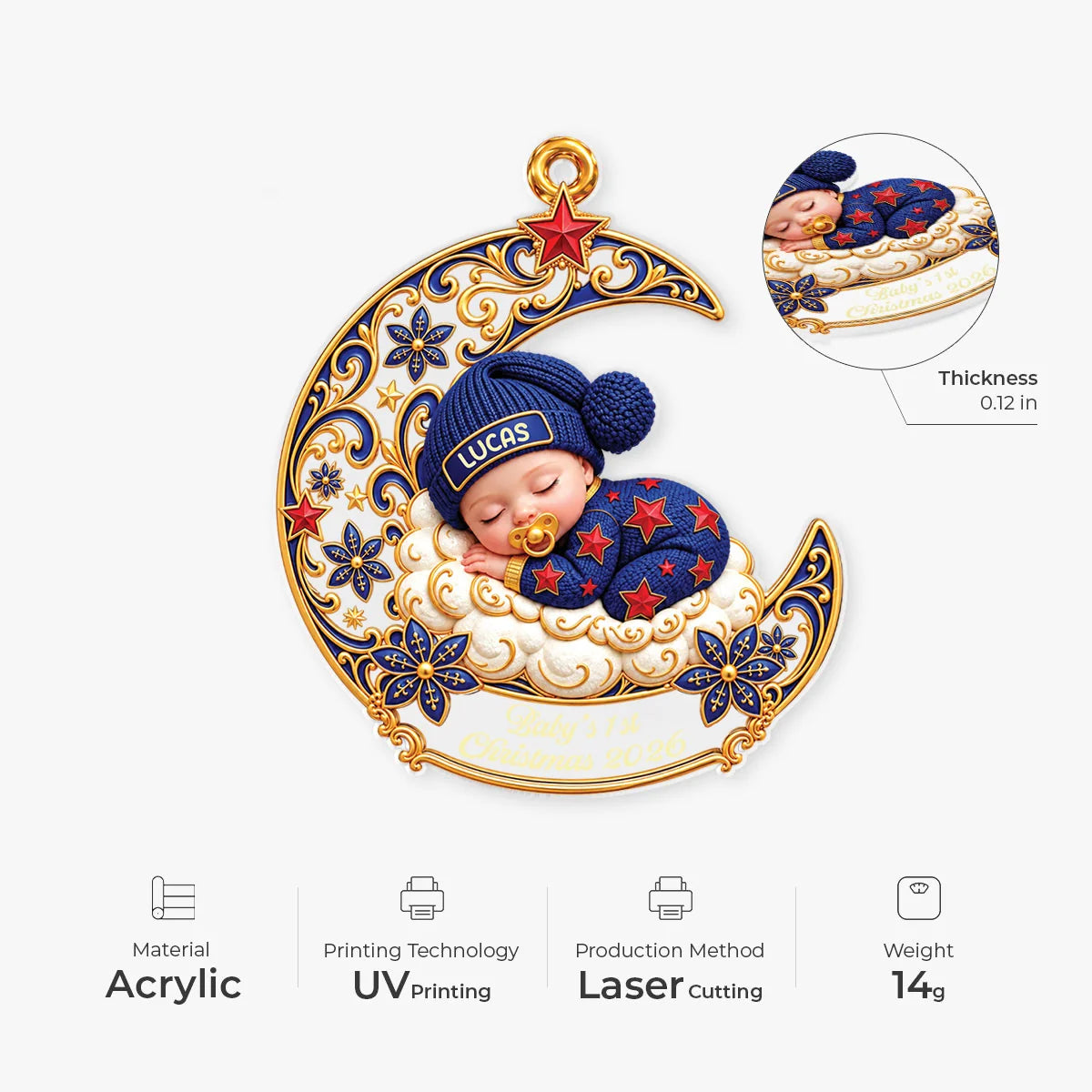 Baby's First Christmas Moon Custom Acrylic Ornament - Holiday Keepsake for Newborn