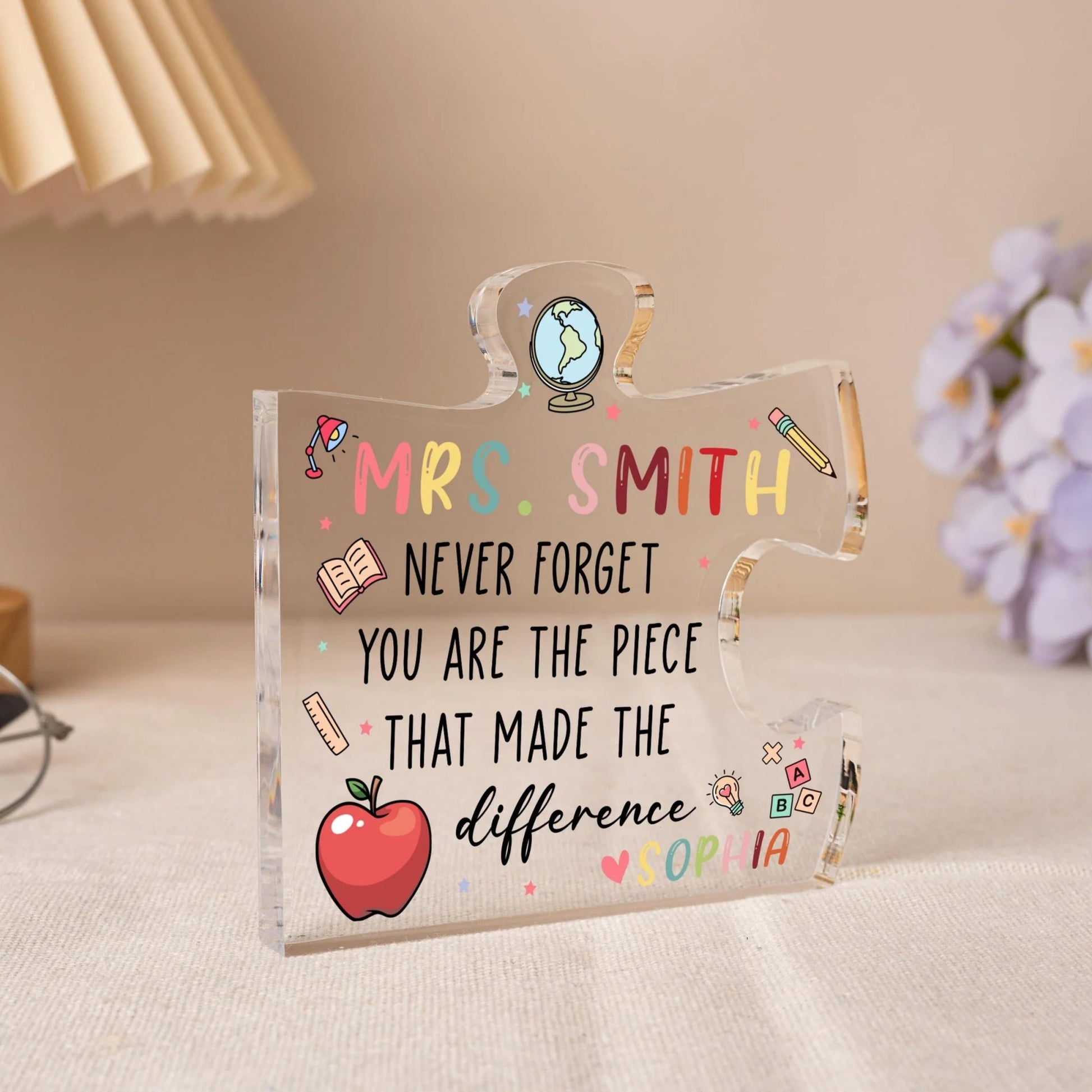 Personalized teacher acrylic plaque with puzzle piece quote for teacher appreciation gift
