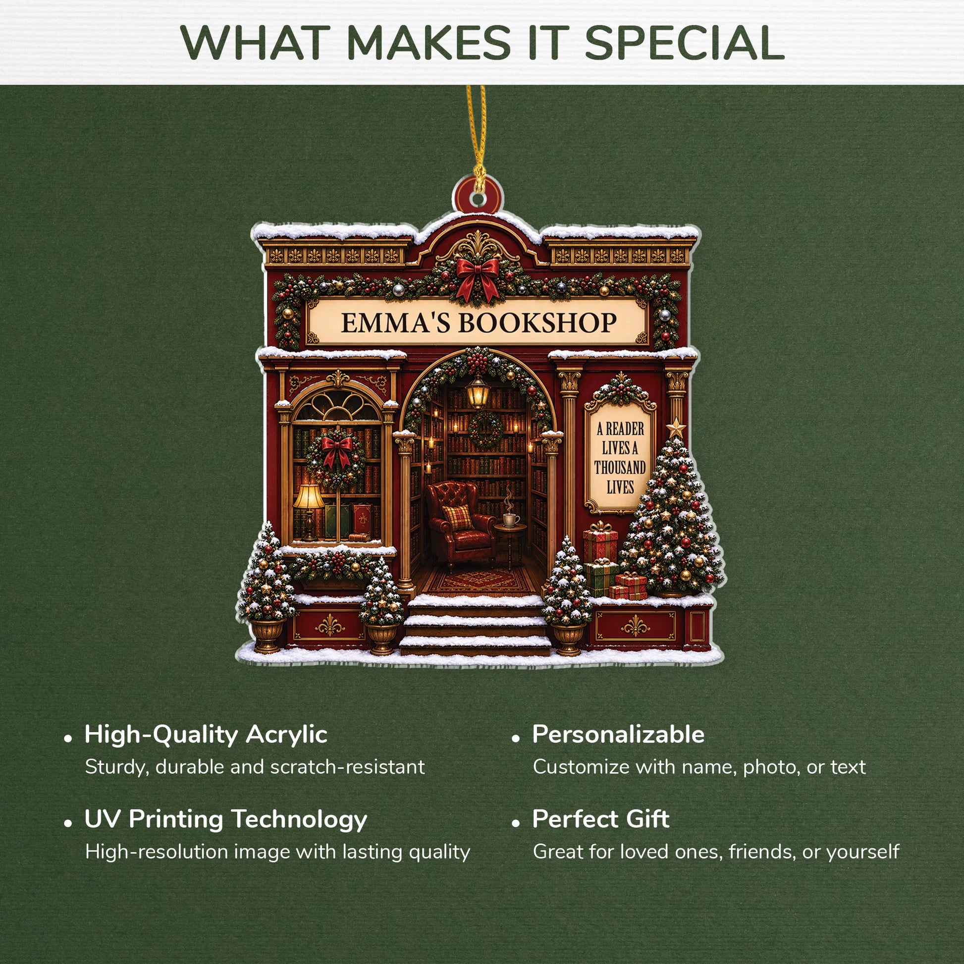 A Reader Lives a Thousand Lives - Personalized Bookshop Acrylic Ornament for Book Lovers