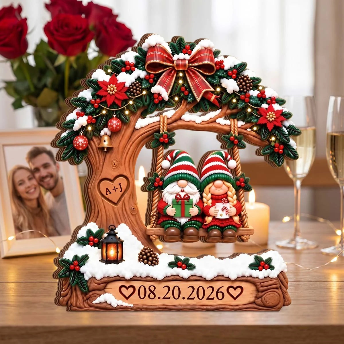Snowy Tree Swing Personalized Couple Christmas Wooden Block - Romantic Keepsake Decor for Husband and Wife