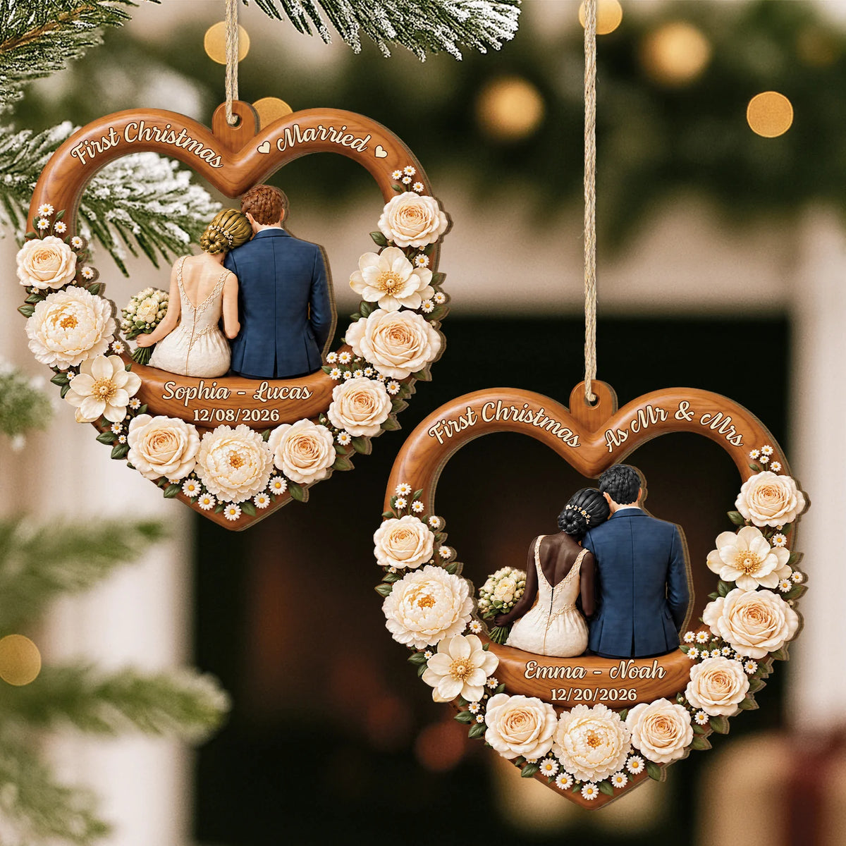 First Christmas Married Keepsake - Personalized Wooden Ornament Custom Wedding Gift for Couples with Names and Date