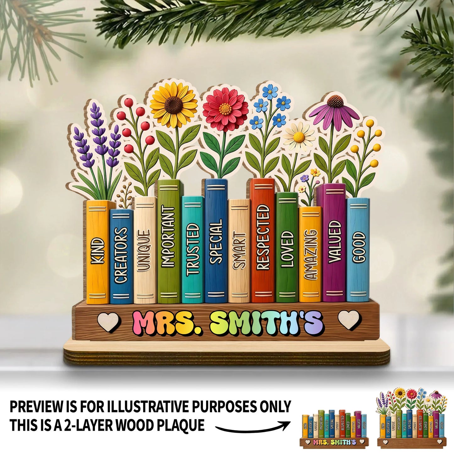 Personalized teacher wood plaque with colorful printed books and flowers desk decor gift for educators image 8