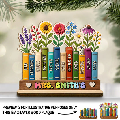 Personalized teacher wood plaque with colorful printed books and flowers desk decor gift for educators image 8