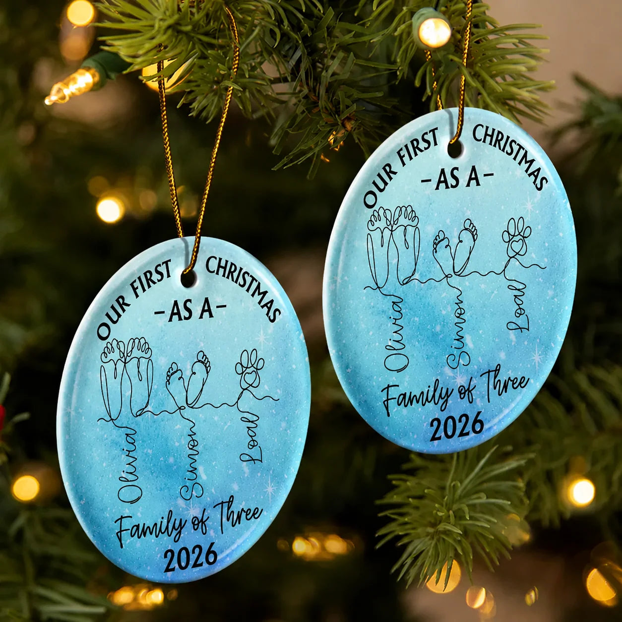 "Our First Christmas As A Family" Personalized Circle Ceramic Ornament - Custom Gift for New Parents
