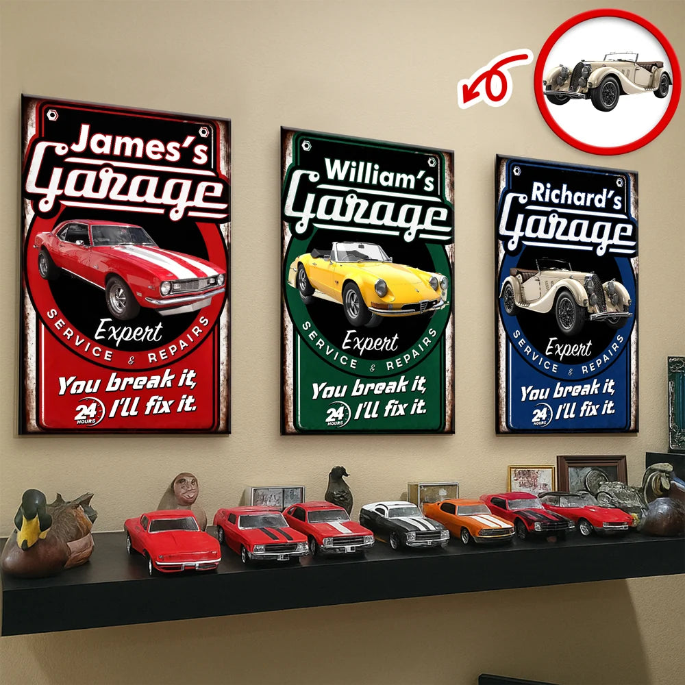 "You Break It I'll Fix It" Personalized Garage Metal Sign - Custom Vintage Car Wall Art Decor
