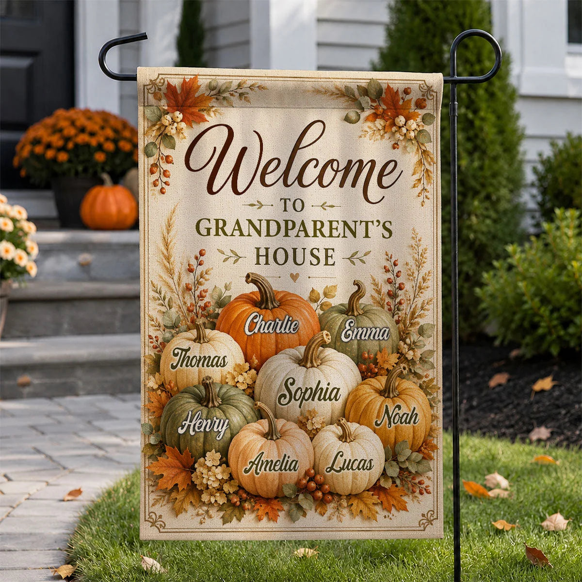 Welcome to Grandparent's House - Personalized Fall Garden Flag for Grandma and Grandpa