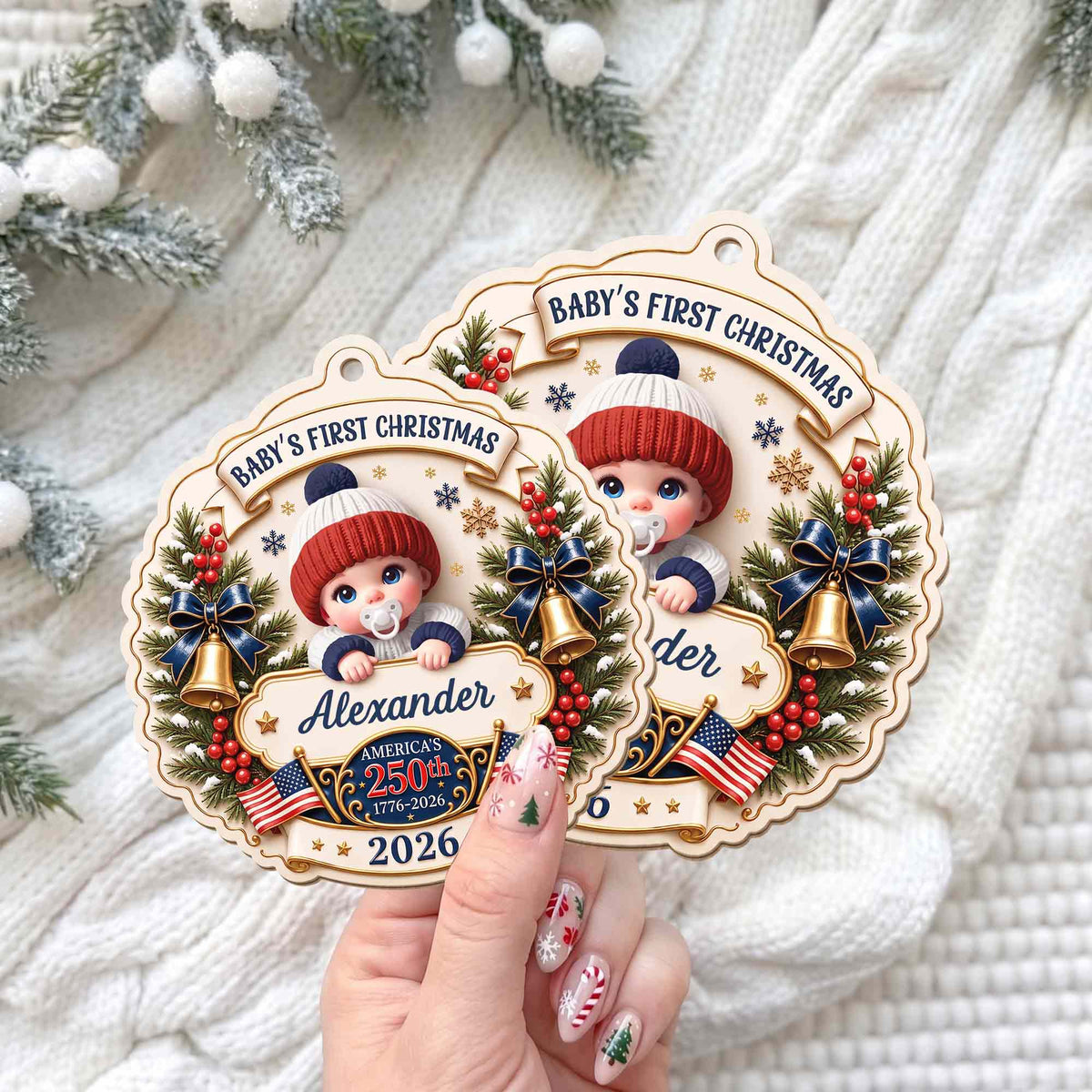 "Baby’s First Christmas" Personalized Wooden Ornament - America’s 250th Anniversary Keepsake for New Parents