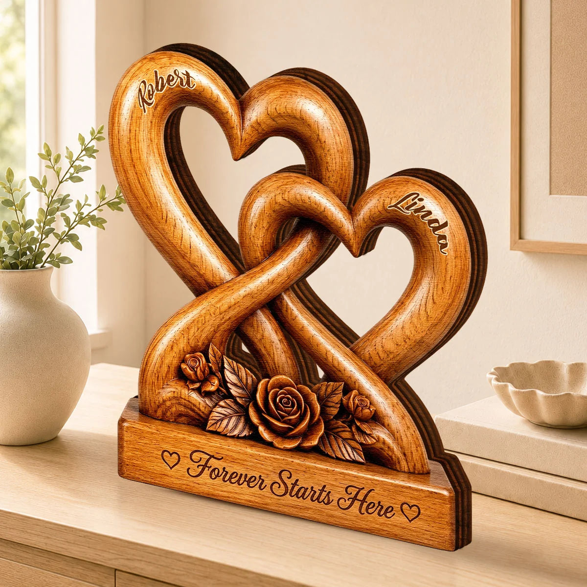 Forever Starts Here Personalized Wooden Block - Custom Anniversary Keepsake for Couples