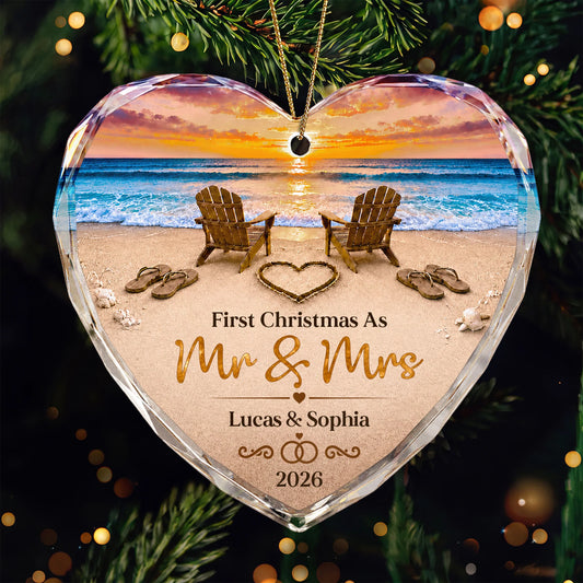 "First Christmas as Mr and Mrs" Beach Glass Heart Ornament - Personalized Wedding and Anniversary Keepsake Gift