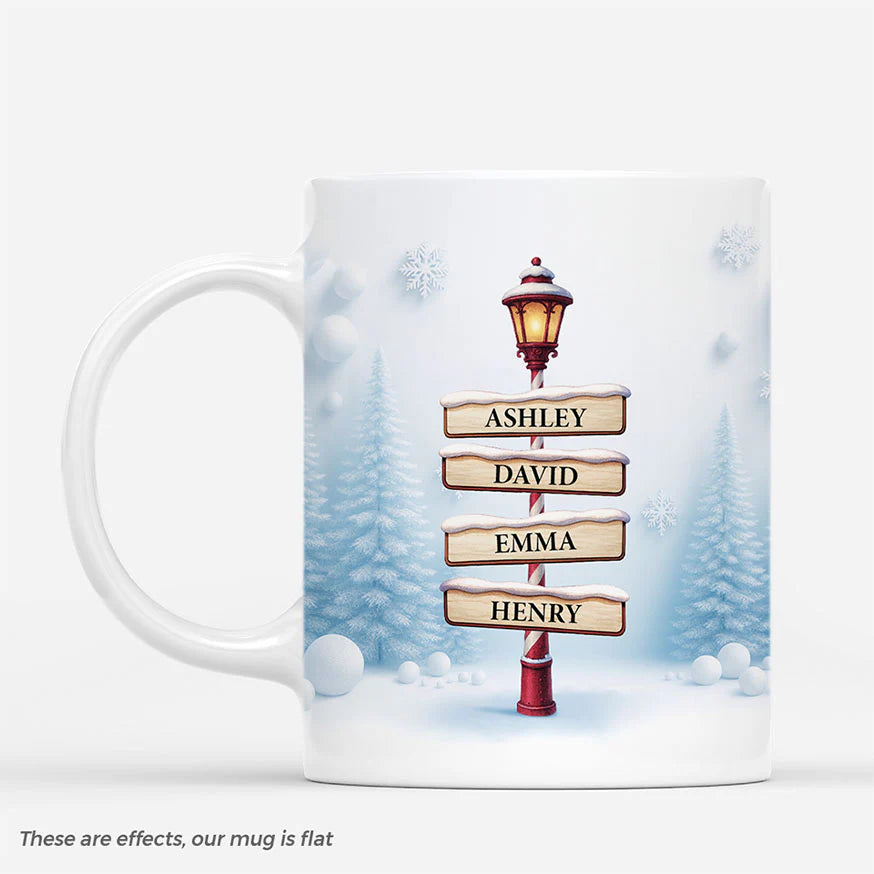 Custom Snow Street Sign Mug for Family with personalized design details for meaningful gifting