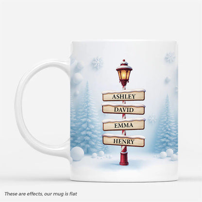 Custom Snow Street Sign Mug for Family with personalized design details for meaningful gifting