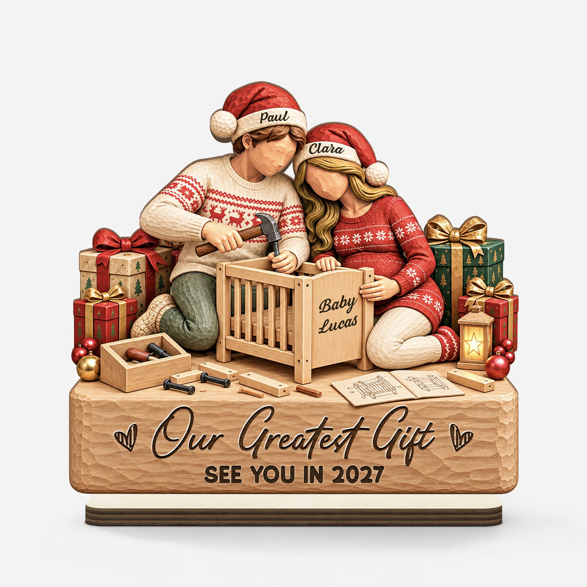 "Our Greatest Gift" Personalized Wooden Plaque for Expecting Couples - Custom Christmas Baby Announcement Keepsake