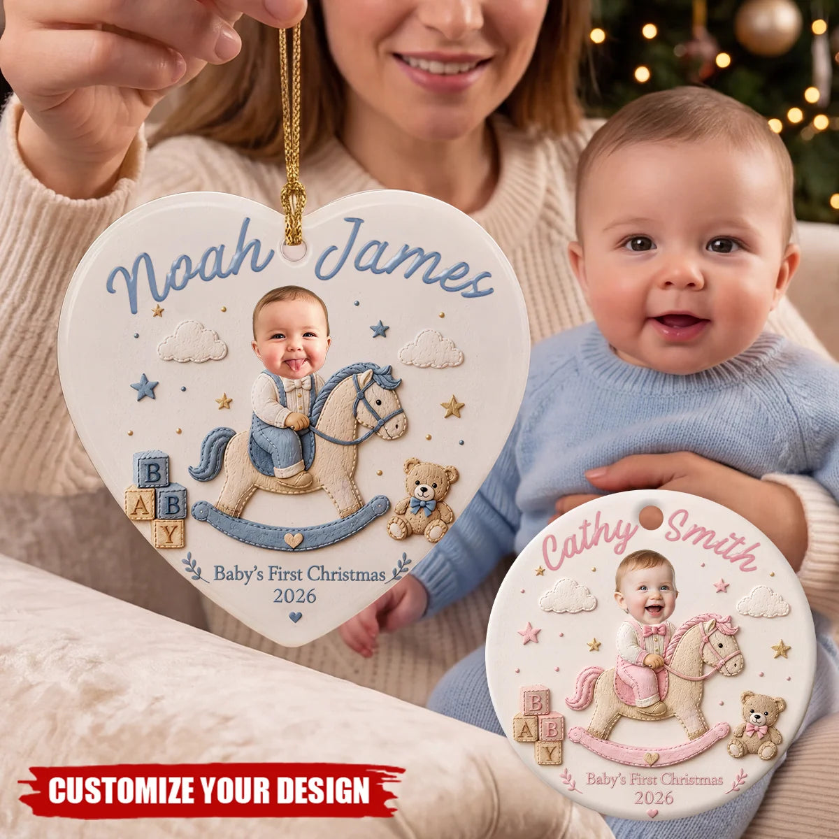 "Baby's First Christmas" Personalized Ceramic Photo Ornament - Custom Rocking Horse Newborn Keepsake