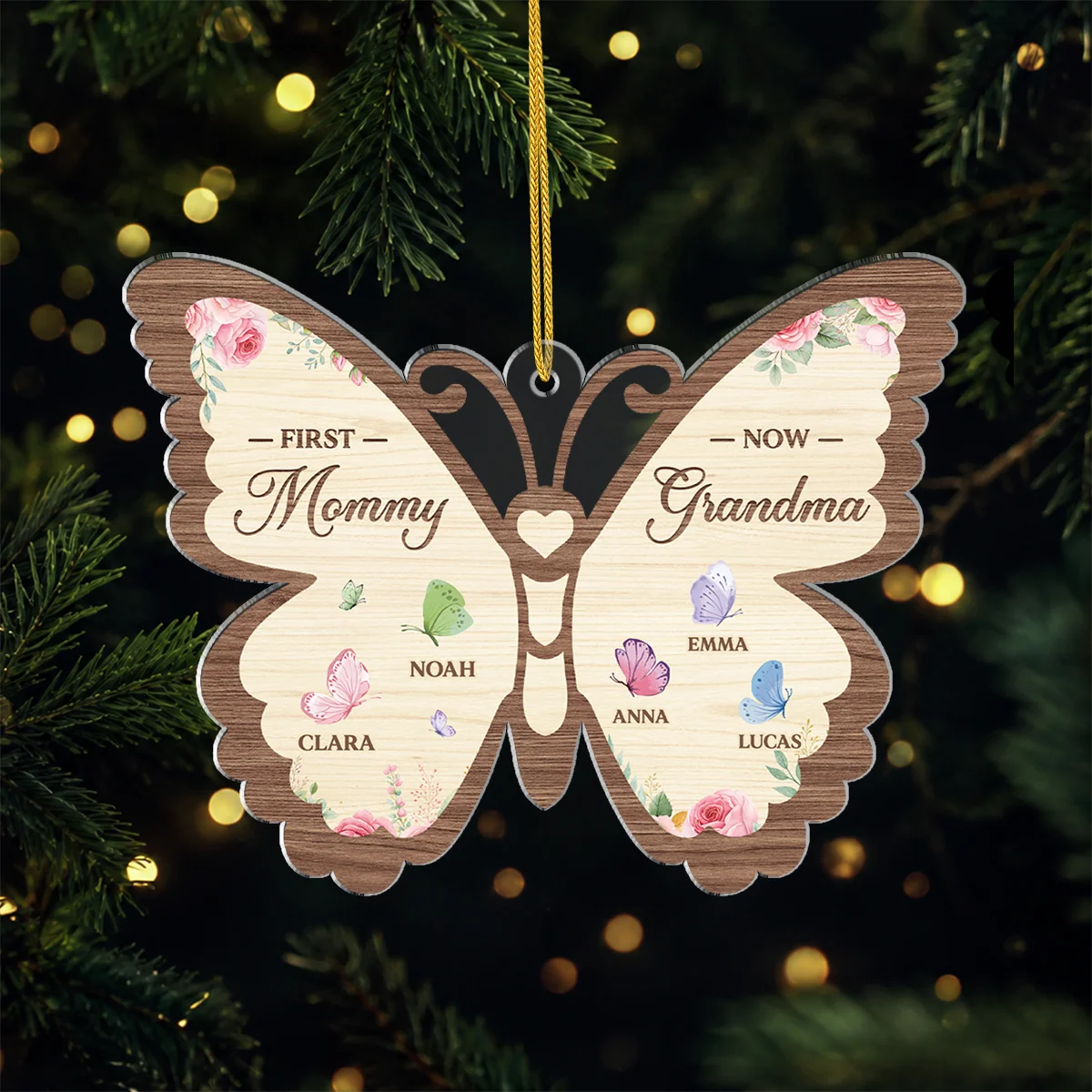 First Mommy Now Grandma Butterfly Acrylic Ornament - Custom Names Keepsake Gift for Grandmother