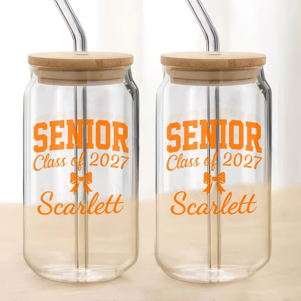 Senior Class of 2027 Custom Name Glass Can - Personalized Graduation Gift