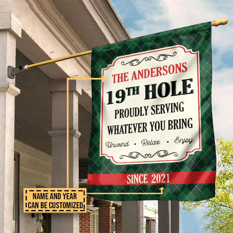 Personalized golf garden flag featuring a custom 19th hole serving design for dad or husband outdoor yard decor