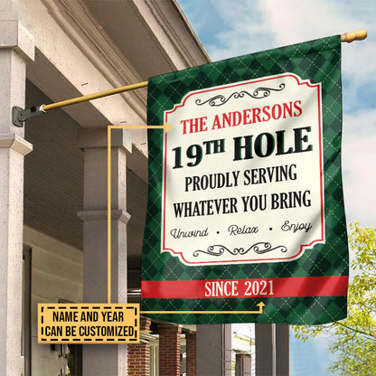 Personalized golf garden flag featuring a custom 19th hole serving design for dad or husband outdoor yard decor
