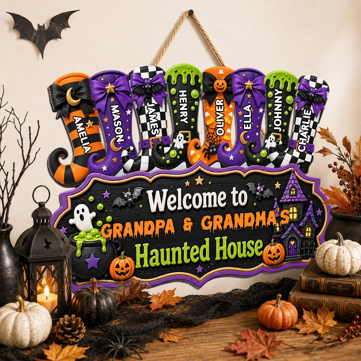 Welcome to Grandpa & Grandma's Haunted House - Personalized Halloween Wood Sign with Custom Witch Boots Decor