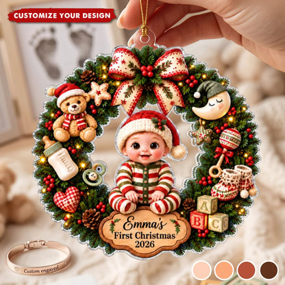 Baby’s First Christmas Wreath Personalized Acrylic Ornament - Custom Holiday Keepsake for Newborn