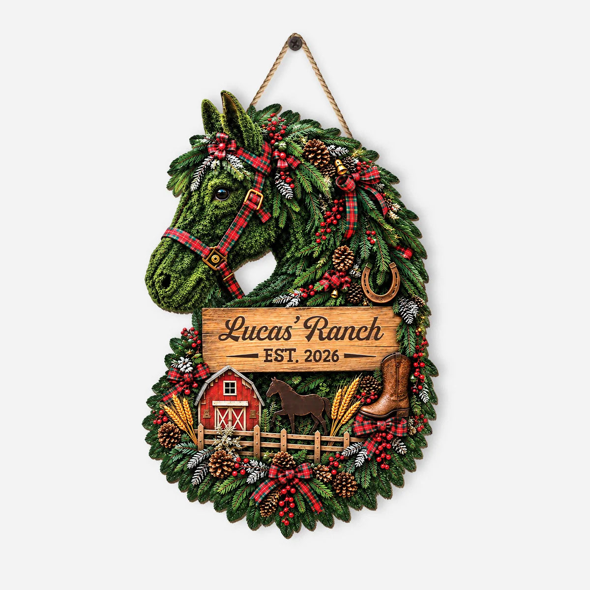 Christmas Horse Ranch Wreath Wood Sign - Personalized Rustic Door Plaque for Horse Lovers