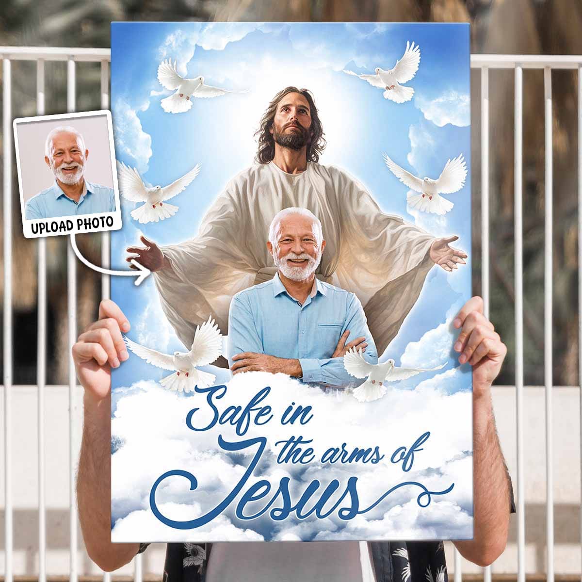 Safe In The Arms Of Jesus - Personalized Photo Memorial Canvas / Poster Art for Grieving Family