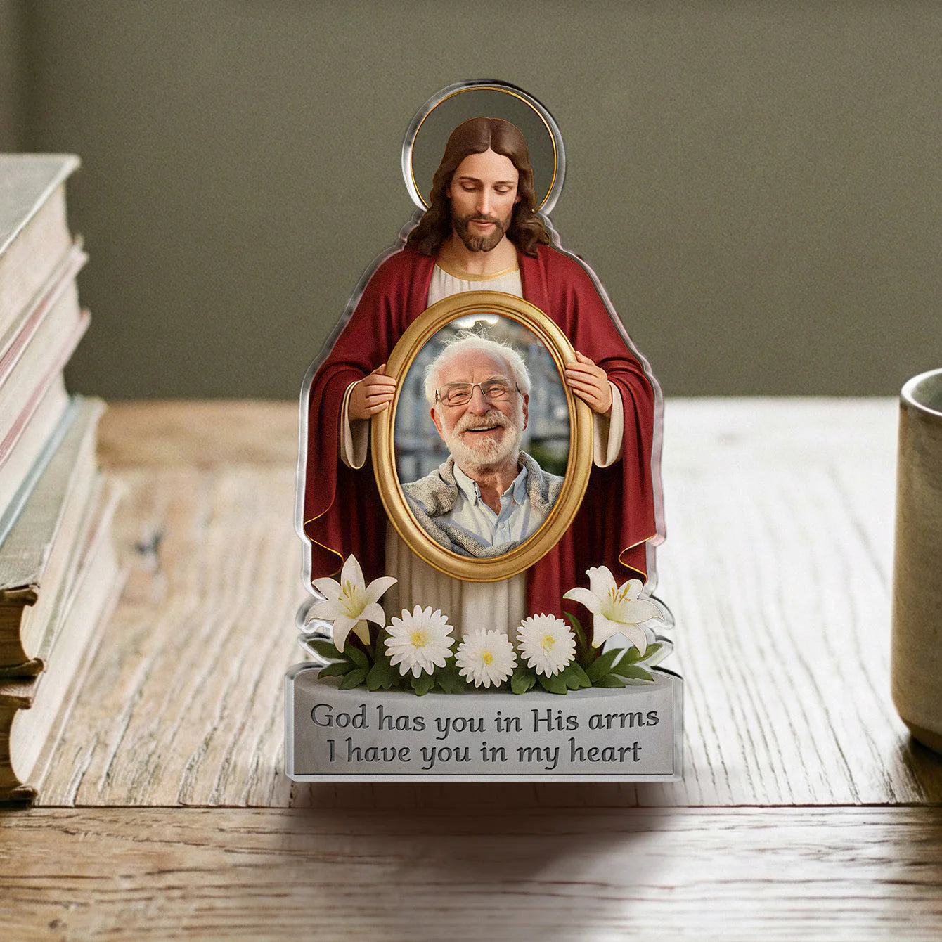 Personalized jesus memorial plaque holding a custom photo frame with comforting bereavement quotes image 6