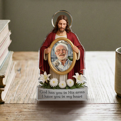 Personalized jesus memorial plaque holding a custom photo frame with comforting bereavement quotes image 6