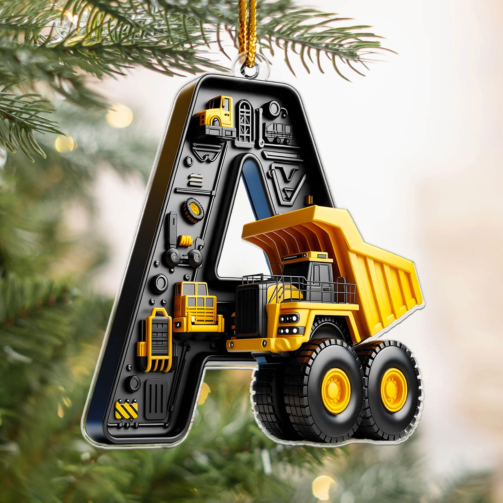 Construction Vehicles Letter Personalized Acrylic Ornament - Custom Christmas Keepsake