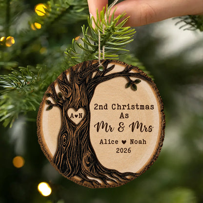 "1st Christmas As Mr & Mrs" Personalized 2-Layer Wooden Ornament - Custom Wedding Keepsake for Couples