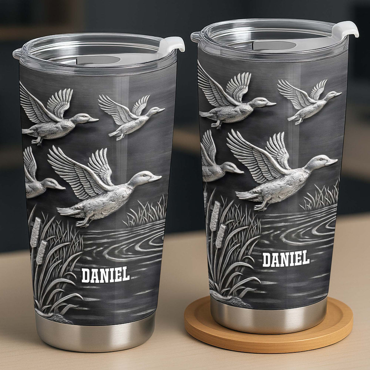 Geese In Flight Over Tranquil Landscape Tumbler
