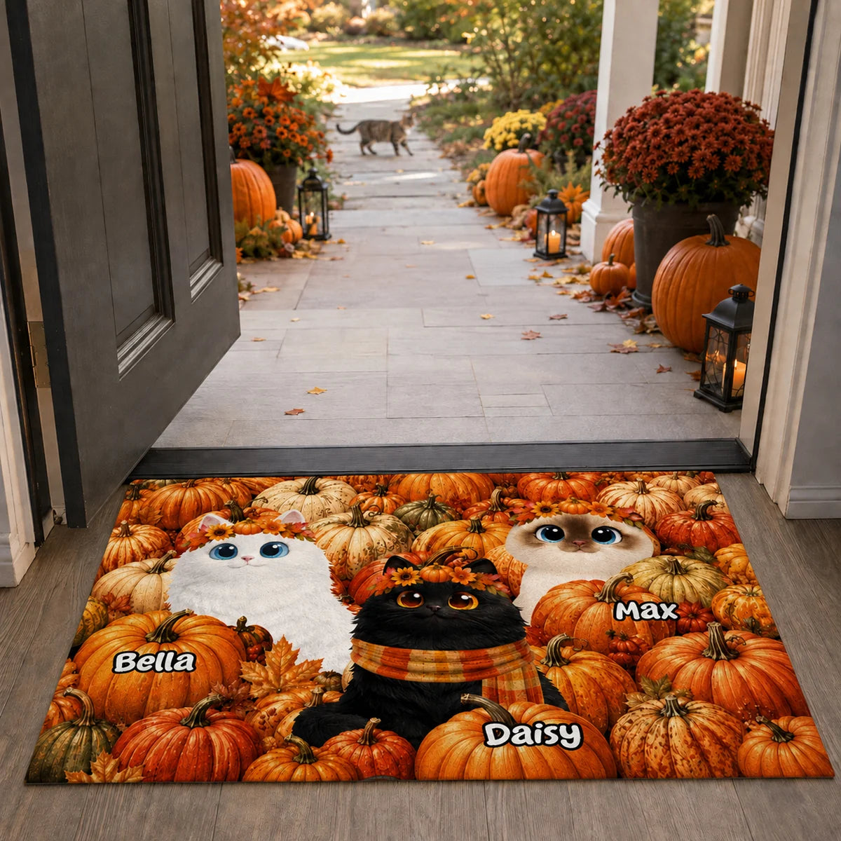 Cute Cats in Pumpkin Patch Personalized Doormat - Custom Fall Decor Gift for Cat Lovers
