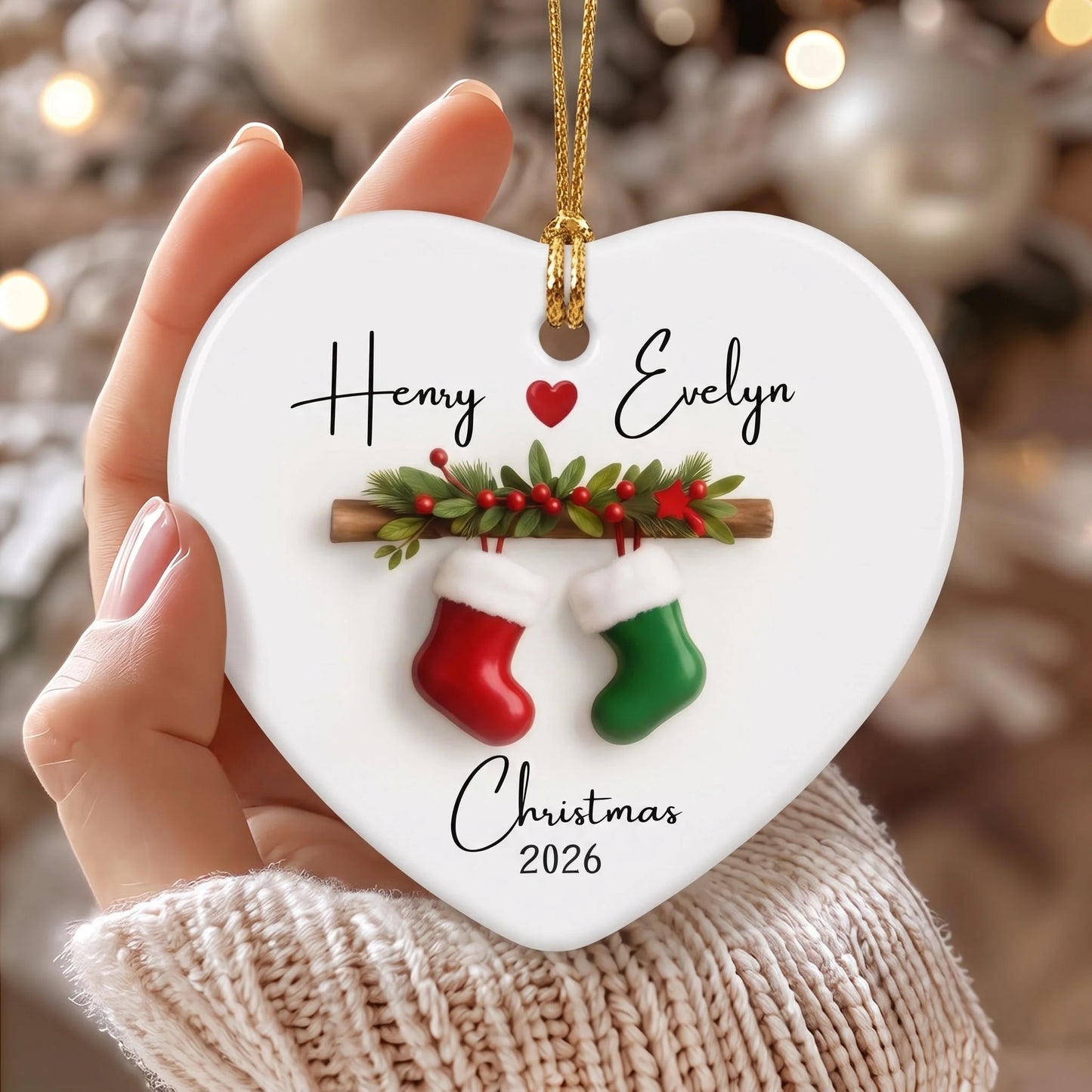 Christmas Stocking Keepsake Personalized Ceramic Ornament - Custom Holiday Gift for Couples