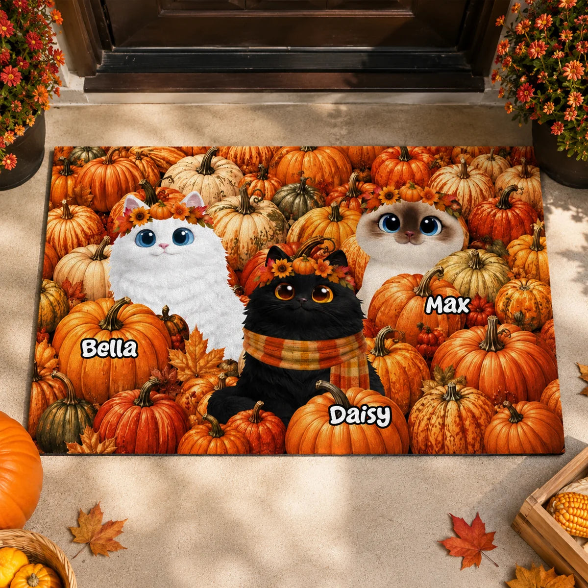 Cute Cats in Pumpkin Patch Personalized Doormat - Custom Fall Decor Gift for Cat Lovers