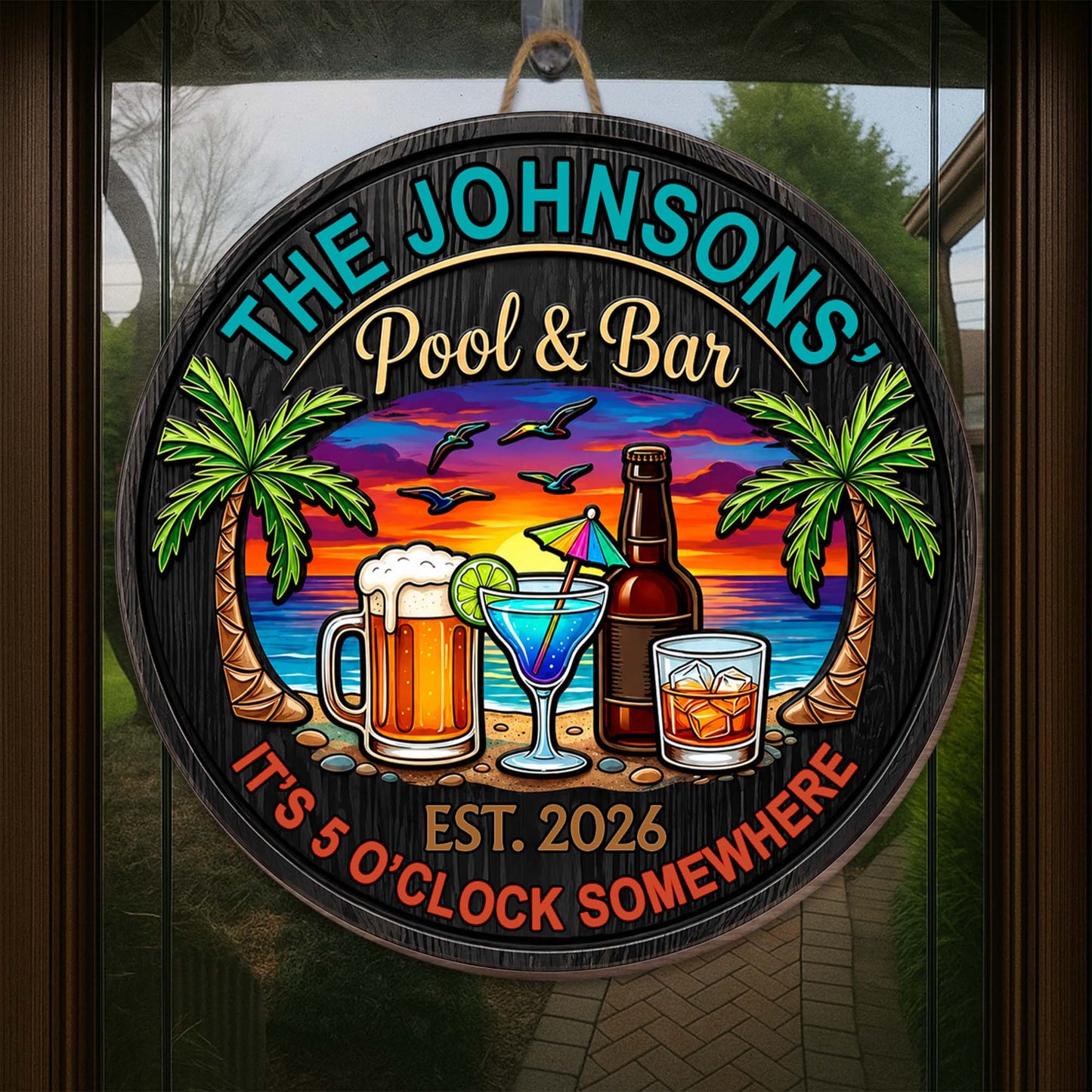 Personalized pool and bar wood sign with tropical beach sunset and drinks, perfect outdoor tiki bar decor image 6