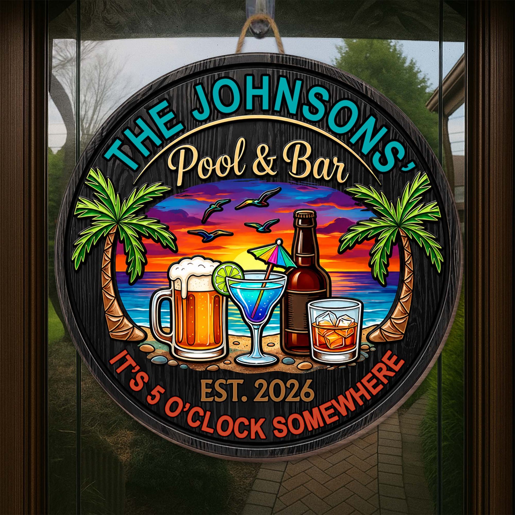Personalized pool and bar wood sign with tropical beach sunset and drinks, perfect outdoor tiki bar decor image 6