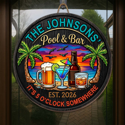 Personalized pool and bar wood sign with tropical beach sunset and drinks, perfect outdoor tiki bar decor image 6