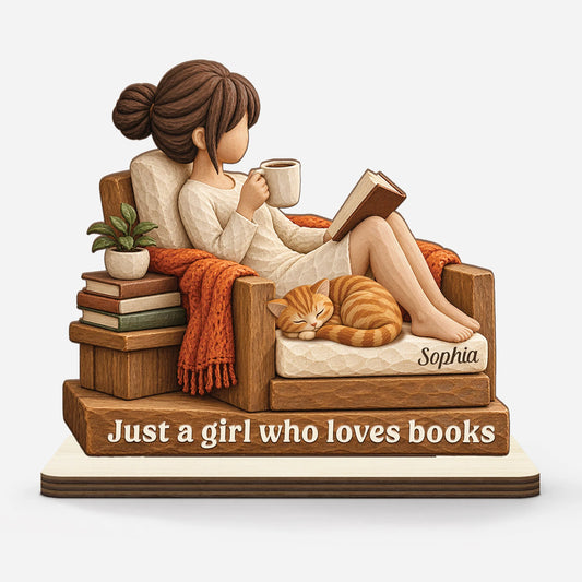 Just a Girl Who Loves Books Personalized Wooden Plaque - Custom Reader Gift for Cat Lovers