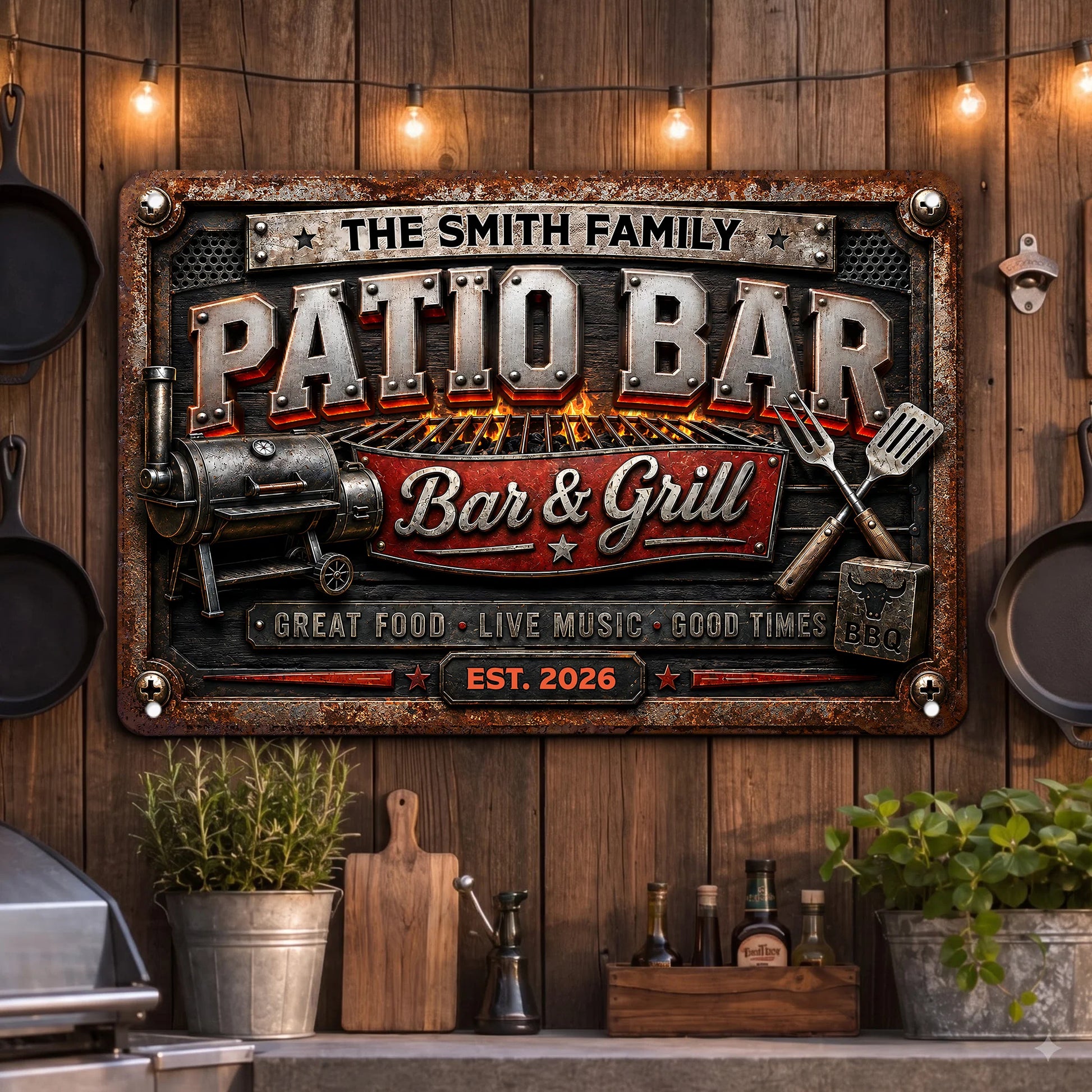 Backyard Bar and Grill Personalized Metal Sign - Custom Family Name BBQ Gift