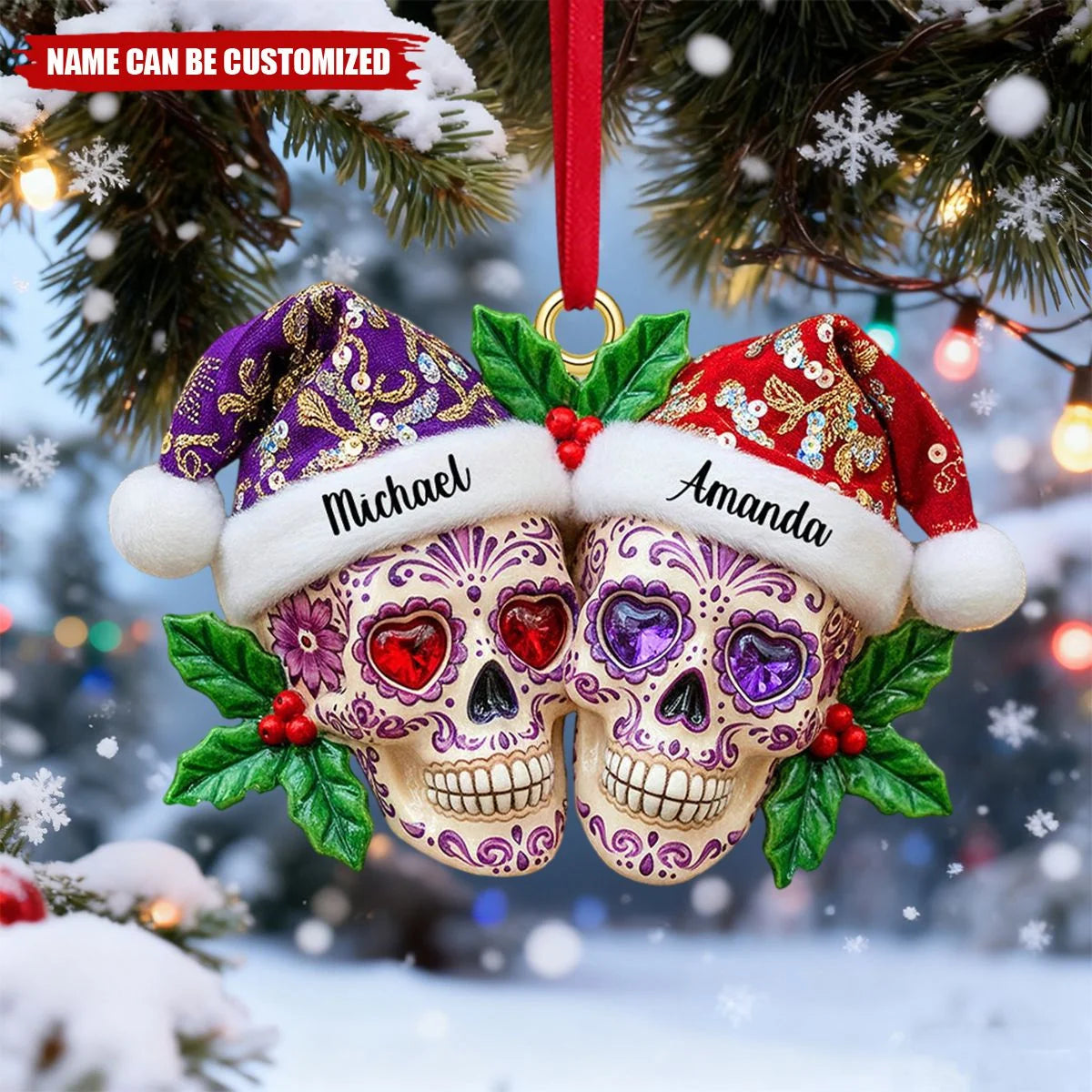 Dia de Los Muertos Skull Couple Personalized Wooden Ornament - Christmas Gift for Couples