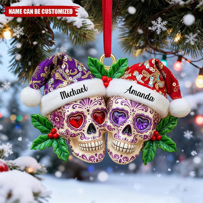 Dia de Los Muertos Skull Couple Personalized Wooden Ornament - Christmas Gift for Couples