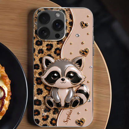 Personalized clear phone case featuring cute raccoon and 3D glitter leopard print custom gift for women