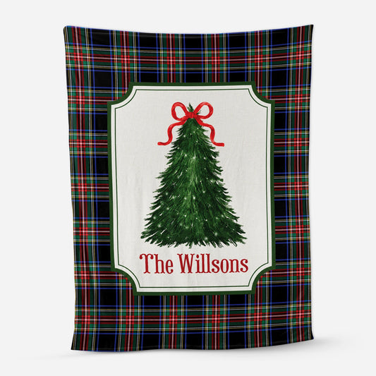 Custom Christmas Tree Tartan Blanket - Personalized Family Name Keepsake Throw Gift