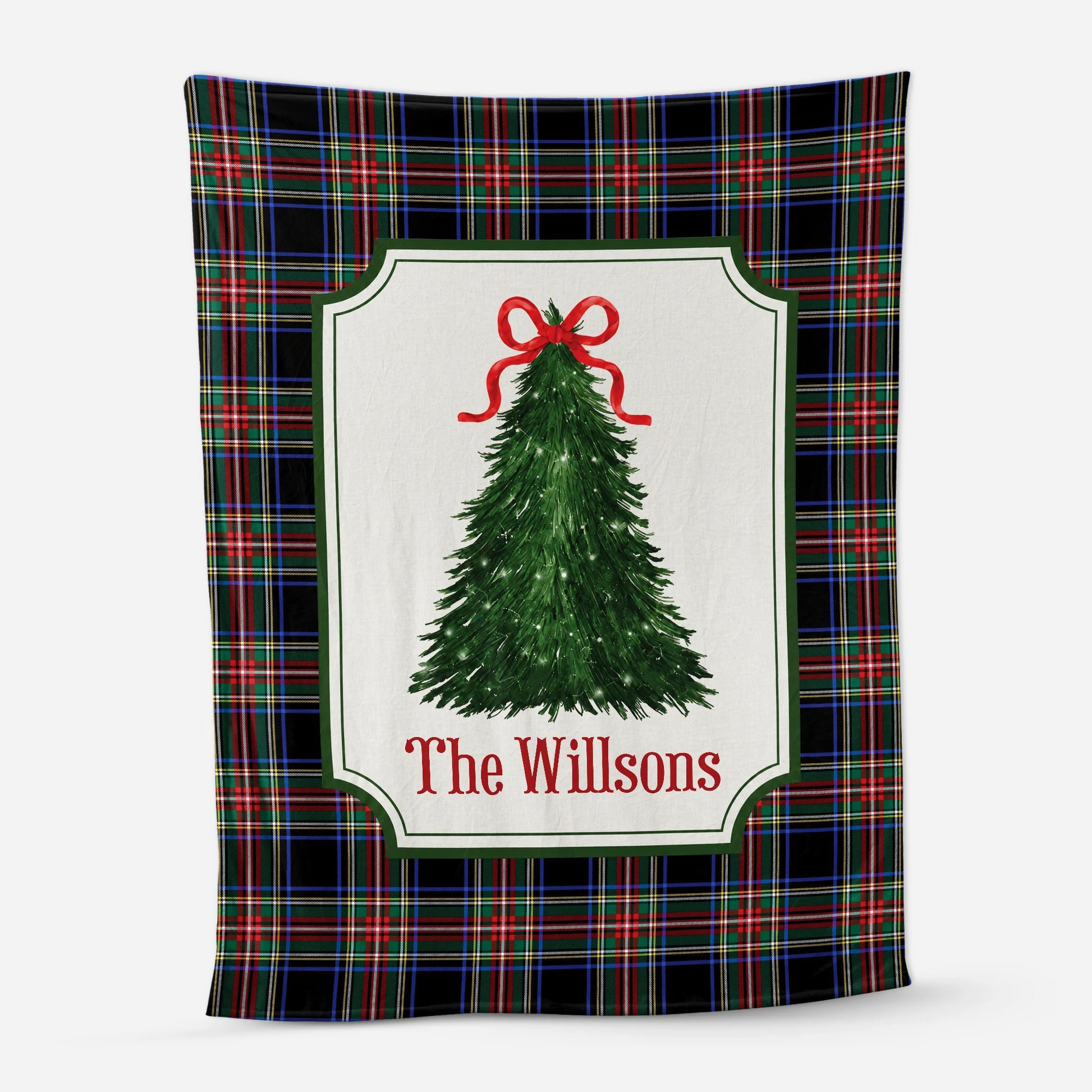 Custom Christmas Tree Tartan Blanket - Personalized Family Name Keepsake Throw Gift